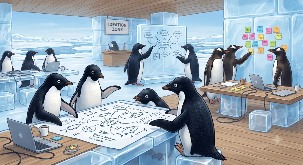 Pinguine, die Innovationen auf einer Konferenz präsentieren