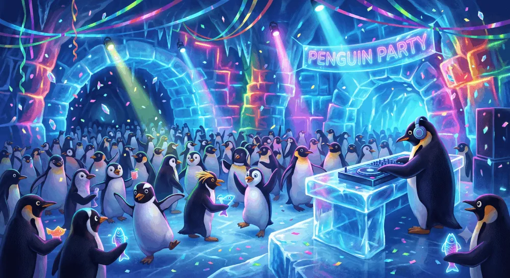 Pinguine, die gemeinsam bei einer Gemeinschaftsveranstaltung feiern
