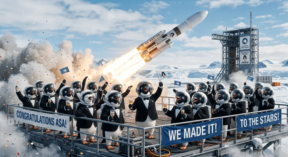 Pinguine, die den Start ihrer neuesten Rakete feiern