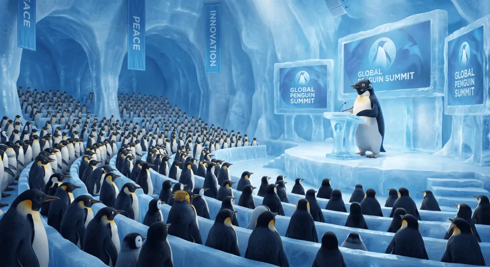 Pinguine hören einem Pinguin-Redner zu